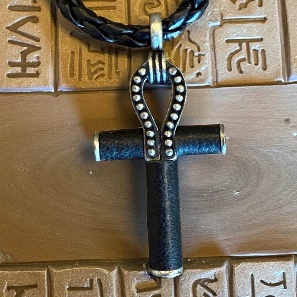 Egyptian Ankh Cross Leather Wrapped Pendant Necklace Black Silver Tone